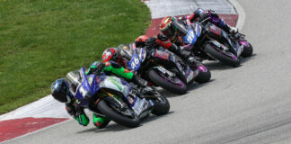 Blake Davis (1), Gus Rodio (96), and Rocco Landers (97) as seen during MotoAmerica Twins Cup Race Two at PittRace in 2023. Photo by Brian J. Nelson.