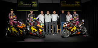 Elf Marc VDS Racing Team owner Marc van der Straten (fourth from left) with 2024 Moto2 riders Tony Arbolino (14) and Filip Salac (12) and 2024 World Superbike rider Sam Lowes (14). Photo courtesy Elf Marc VDS Racing Team.