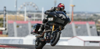 Hayden Gillim (79) on his Vance & Hines/Mission Foods Harley-Davidson during the 2024 MotoAmerica Mission King Of The Baggers Championship, which he won. Photo by Brian J. Nelson.