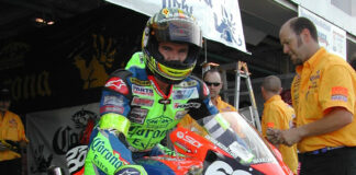 Anthony Gobert (68) preparing to go out on track at the 2003 Suzuka 8-Hours. He and teammate Adam "Krusty" Fergusson finished eighth overall on a Corona Extra - Ti Force Suzuki GSX-R10000. Photo by David Swarts.