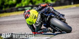Cody Wyman and the AOD Yamaha YZF-R1 lapped the field at Road Atlanta. This is Cody dragging an elbow about 3.5 hours into an endurance race with the original hard front Dunlop still in use. Photo by Apex Pro Photography.