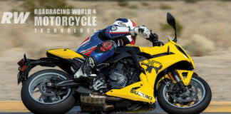 The Suzuki GSX-8R cornering at Chuckwalla Valley Raceway. Note the large-volume muffler and catalytic converter positioned underneath the engine, as needed to meet the latest emissions standards. Footpeg positioning for street comfort reduces cornering clearance. Anyone planning on doing track days or racing the GSX-8R will want racing rearsets.