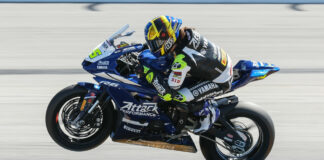 Cameron Petersen (45) on his Attack Performance Yamaha YZF-R6 at Daytona in 2023. Photo by Brian J. Nelson.
