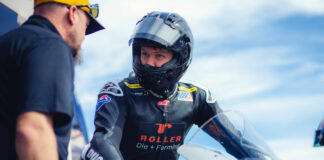 Corey Alexander talks with a crew member during the Rahal Ducati Moto test at Jennings GP, in Florida. Photo courtesy Rahal Ducati Moto.