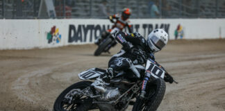 Johnny Lewis (10) on his Royal Enfield AFT Twins racebike at Daytona Short Track I in 2023. Photo by Scott Hunter, courtesy AFT.