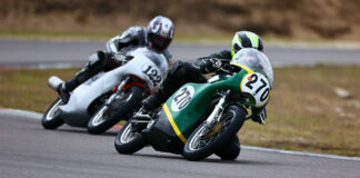 Rob Hall (270) leads Alex McLean (122) in an AHRMA Vintage Cup race at Roebling Road Raceway. Photo by etechphoto.com, courtesy AHRMA.