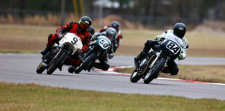 Jeff Hargis (84) leads Tony Read (50) and Mark Morrow (9X) during a Formula 750 race at Roebling Road Raceway. Photo by etechphoto.com, courtesy AHRMA.