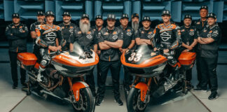 James Rispoli (43), Kyle Wyman (33), and the Harley-Davidson Factory Racing Team. Photo courtesy Harley-Davidson.