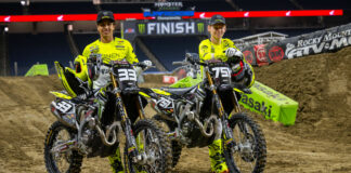 Triumph Racing’s Jalek Swoll (33) and Evan Ferry (751) before Supercross Media Day at Ford Field in Detroit, Michigan. Photo courtesy Feld Motor Sports, Inc.