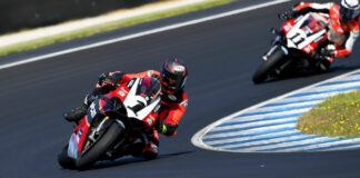 Troy Herfoss (1) at speed on his new DesmoSport Ducati Panigale V4 R. Photo by Russell Colvin, courtesy ASBK.