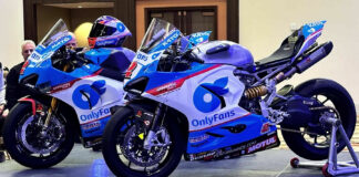 Josh Herrin's OnlyFans Warhorse Ducati Panigale V2 Supersport racebike for the Daytona 200 (right) and Panigale V4 R Superbike (left) at the launch event.