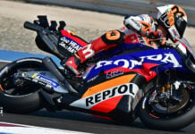 Luca Marini (10) at speed on his Repsol-sponsored Honda RC213V. Photo by Michael Gougis.