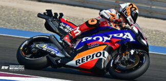 Luca Marini (10) at speed on his Repsol-sponsored Honda RC213V. Photo by Michael Gougis.