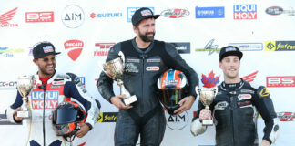 Race One Pro Sport Bike podium from the final round of 2023 with three different manufacturers represented by (from left) Elliot Vieira (Ducati), Sebastien Tremblay (Suzuki) and class champion David MacKay (Kawasaki). Photo by Rob O'Brien, courtesy CSBK.
