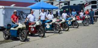 Over a dozen Triumph and BSA factory racebikes were on hand at last year's Willow Springs Grand Prix. Legendary builder Rob North was on hand for autographs and camaraderie. Photo by Jeff Weeks, courtesy BradyWalker.com.