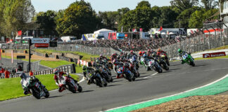 The start of a race at Brands Hatch during the 2023 British Superbike season with Jason O'Halloran leading the field. Photo courtesy MSVR.