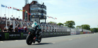 Michael Dunlop launching his Supersport bike at the 2023 Isle of Man TT. Photo courtesy Isle of Man TT Press Office.