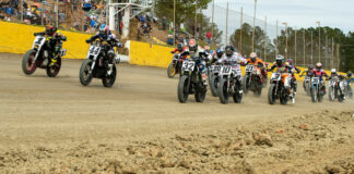 Jared Mees (1), Brandon Robinson (44), Dallas Daniels (32), and Johnny Lewis (10) lead the start of the AFT Mission SuperTwins main event at the Senoia Short Track. Photo by Tim Lester, courtesy AFT.