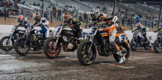 Just before the start of the AFT Mission SuperTwins main event at the Mission Texas Half-Mile with Briar Bauman (3), Jared Mees (1), Dallas Daniels (32), and Brandon Robinson (44) on the front row. Photo by Kristen Lassen, courtesy AFT.