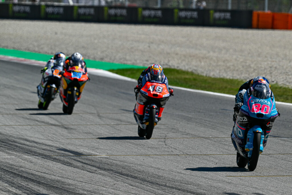David Alonso (80) won the Moto3 race and took over the Championship point lead. Photo courtesy Dorna.