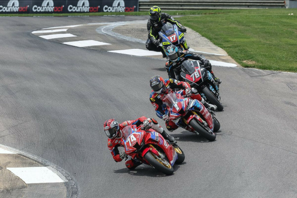 Gabriel Da Silva (74) leads Hayden Gillim (1), Benjamin Smith (78), and Bryce Prince (17) battle for Stock 1000 glory. Gillim ended up taking the win. Photo by Brian J. Nelson.