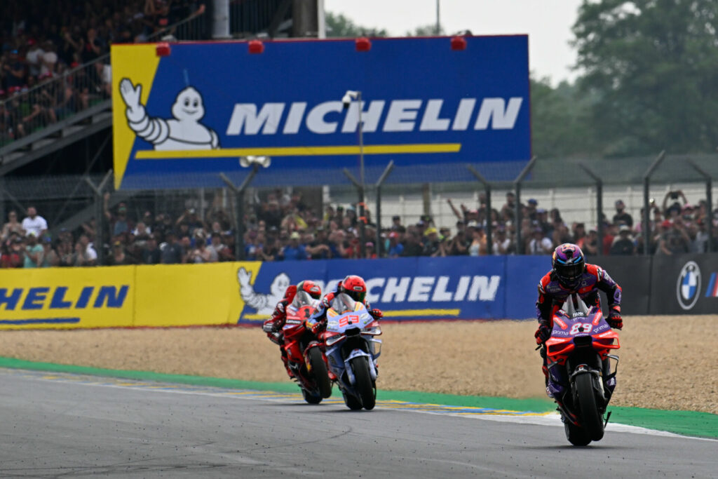 Jorge Martin (89) held off Marc Marquez (93) and Francesco Bagnaia (1) to win in France. Photo courtesy Dorna.