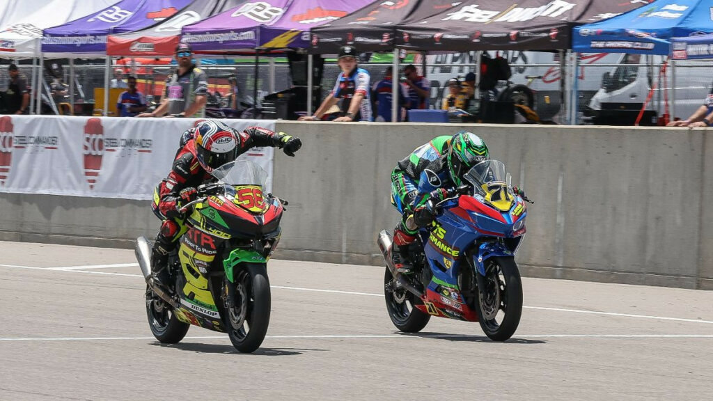 Sunday's Junior Cup race at Barber was this close with Logan Cunnison (58) beating Levi Badie (71) by just .045 of a second. Photo by Brian J. Nelson.