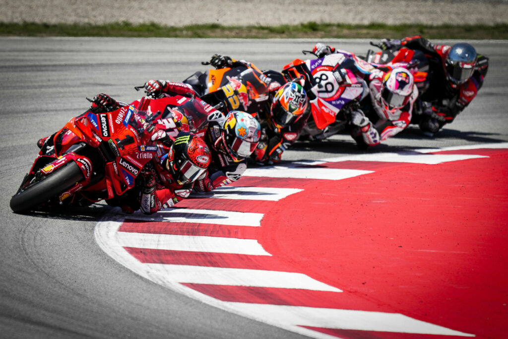 Francesco Bagnaia (1) leads Pedro Acosta, Brad Binder (33), Jorge Martin (89), and Aleix Espargaro (41) early in the race. Marc Marquez is not pictured as he was still on his way forward after starting 14th on the grid. Photo courtesy Dorna.