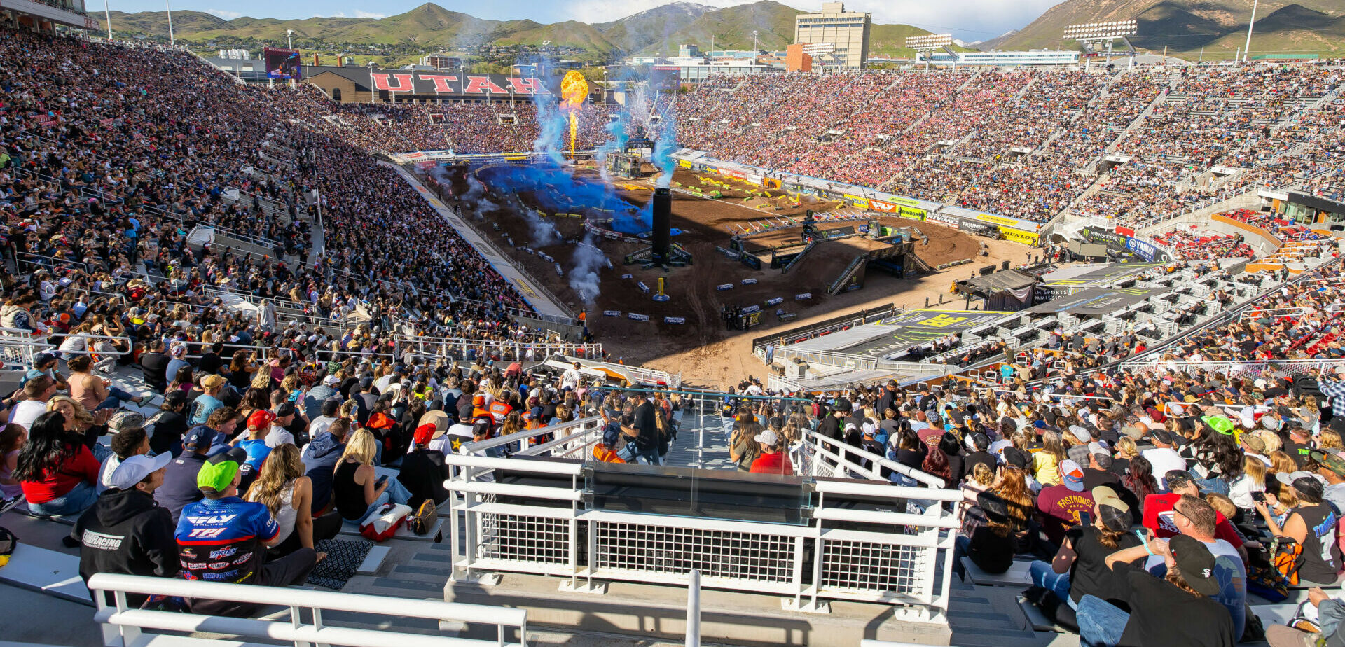 Rice-Eccles Stadium hosted the Monster Energy AMA Supercross Final for the fifth straight year. A weather delay temporarily paused the racing, but the storm passed, and the track provided great racing to crown four Supercross championships. Photo courtesy Feld Motor Sports, Inc.  