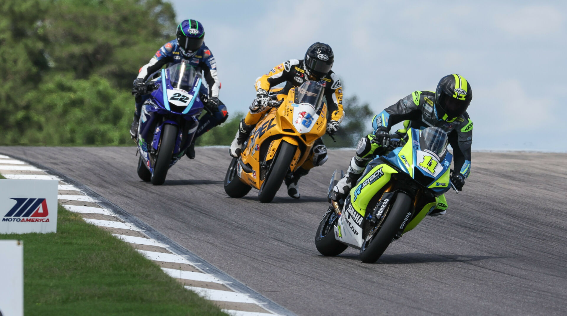 Mathew Scholtz (11) and PJ Jacobsen (15) have won all four of the MotoAmerica Supersport races held thus far in 2024, and it's put the pair atop the point standings ahead of Blake Davis (22). Photo by Brian J. Nelson.