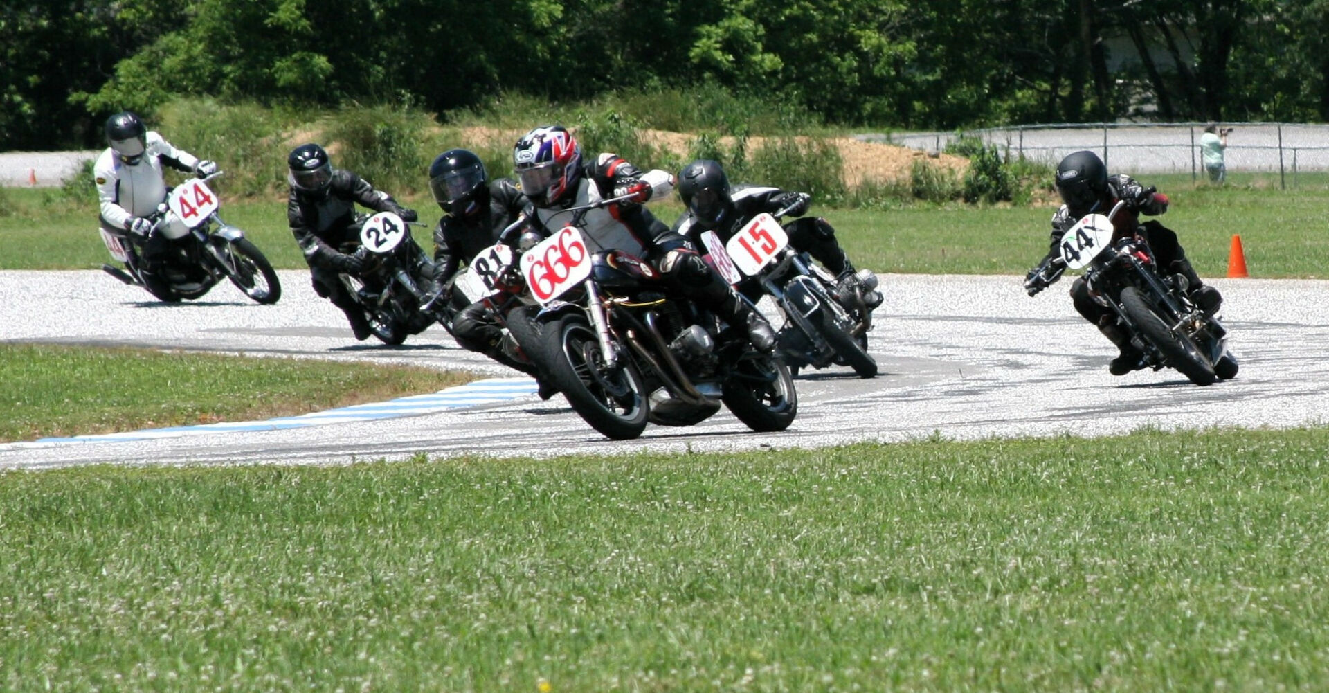 Mark Smithard (666), Will Meyer (15), Steven Filippini (44), Stephen Aretz (44X), Ralph Wessell (81), and Grant Spence (24) as seen during the combined Novice Historic Production Heavyweight/Class C Handshift/Class C Footshift race at Talladega Gran Prix Raceway. Photo by Felecia Foxx, courtesy AHRMA.