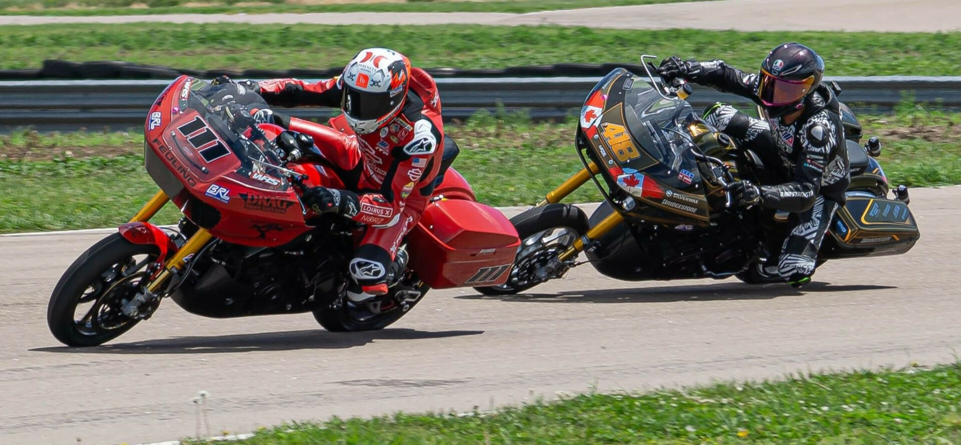 Ruben Xaus (111) leads Sam Guerin (418) in the BRL Bagger GP race at Motorsports Park Hastings. Photo by Richard Gergely, courtesy BRL.
