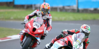 Glenn Irwin (1) defeated Davey Todd (74) to win Thursday's Superbike race at the North West 200. Photo courtesy NW200 Press Office.