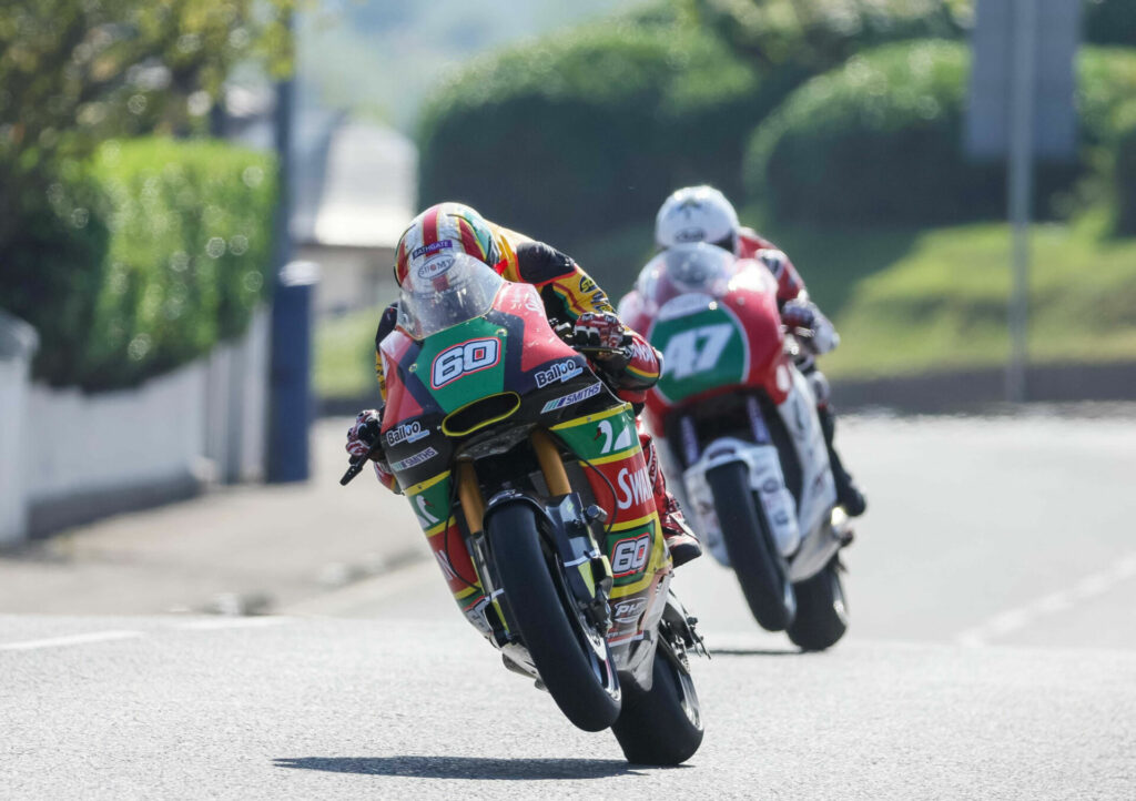 Peter Hickman (60) leads Richard Cooper (47) during a Supertwin race Saturday at the North West 200. Photo courtesy NW200 Press Office.