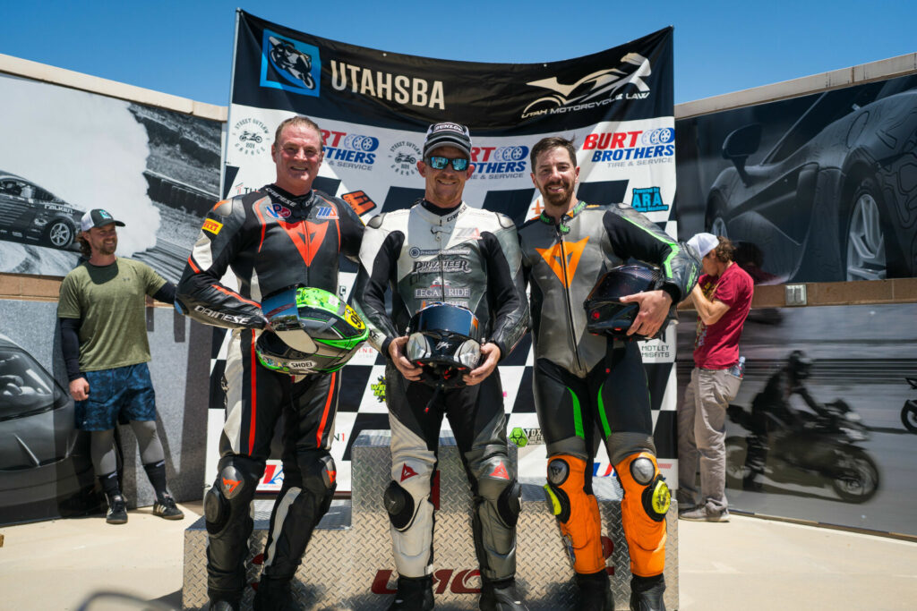 The UtahSBA Burt Brothers King of the Mountain podium: winner Anthony Norton (center), runner-up Brian Childree (right), and third-place finisher Michael Bradshaw (left). Photo by Brother Chunky Images, courtesy UtahSBA.