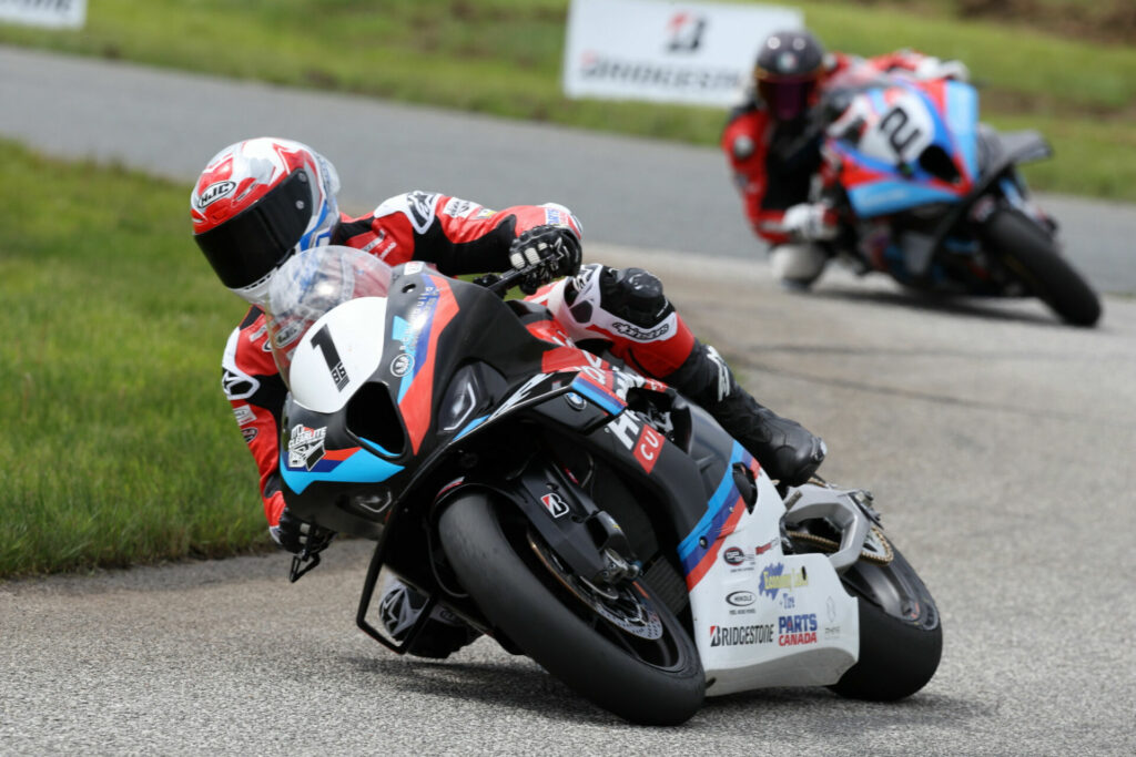 Defending CSBK champ and polesitter Ben Young (1) faded back to fourth early in Saturday's Superbike Race One of the weekend, but worked his way back to the front to go on to win over Sam Guerin (2) and Szoke at Shannonville Motorsport Park. Photo by Rob O'Brien, courtesy CSBK.