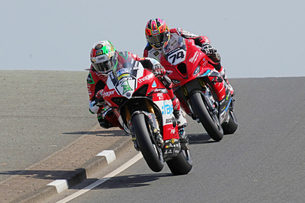 Glenn Irwin (1) held off Davey Todd (74) to win both Superbike races Saturday at the North West 200. Photo courtesy NW200 Press Office.