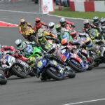 Ryan Vickers (7) leads the start of British Superbike Race One. Photo courtesy MSVR.