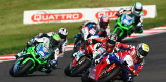 Tommy Bridewell (1) leads Glenn Irwin (2), Jason O'Halloran (22), and the rest in a British Superbike race Sunday at Donington Park. Photo courtesy MSVR.