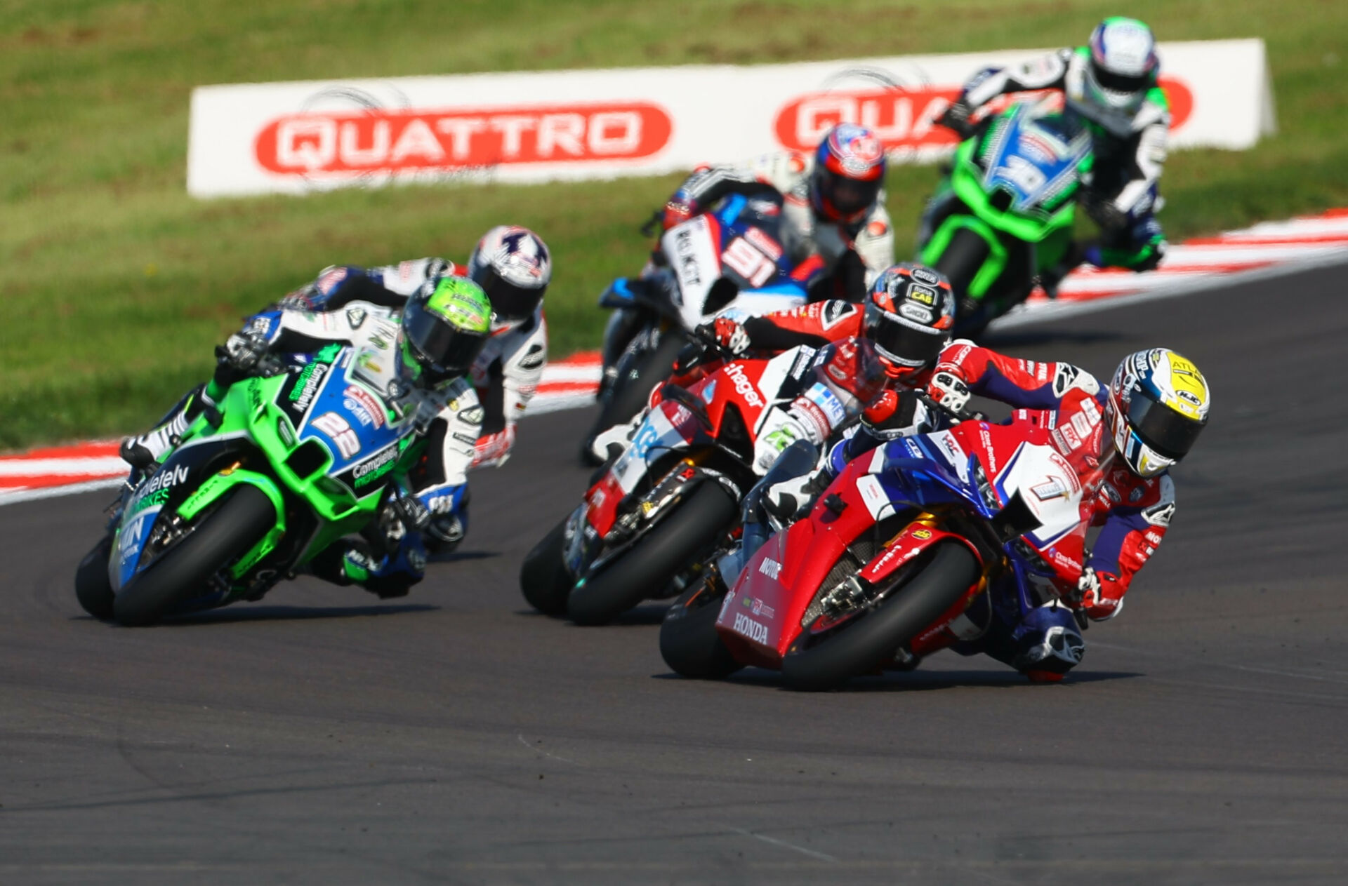 Tommy Bridewell (1) leads Glenn Irwin (2), Jason O'Halloran (22), and the rest in a British Superbike race Sunday at Donington Park. Photo courtesy MSVR.