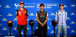 Francesco "Pecco" Bagnaia (left), Jorge Martin (center), and Marc Marquez (right) at the MotoGP pre-race press conference at Le Mans. Photo courtesy Dorna.