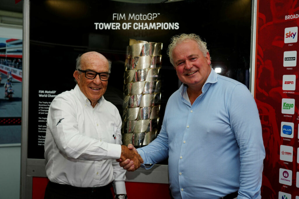 Dorna CEO Carmelo Ezpeleta (left) with Arjan Bos, Chairman of TT Circuit Assen (right). Photo courtesy Dorna.