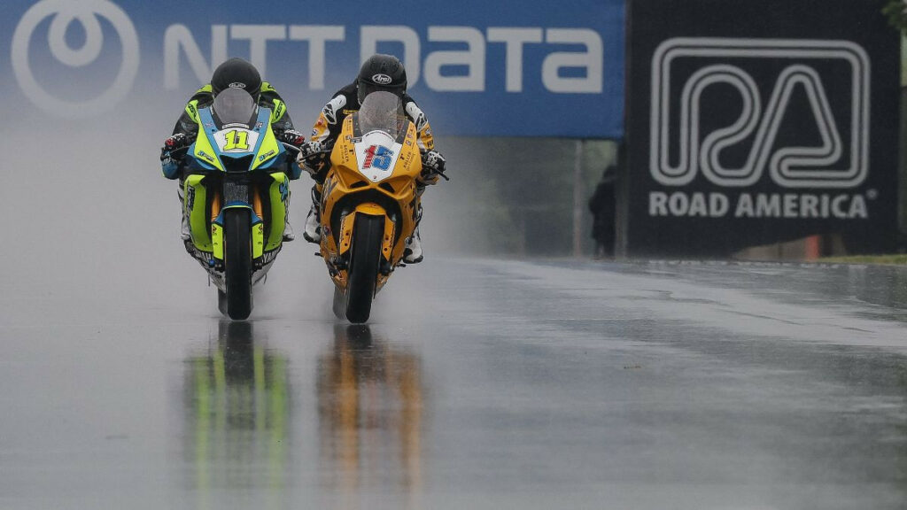 PJ Jacobsen (15) beat Mathew Scholtz (11) to the finish line by 0.040 of a second in Supersport action at Road America on Saturday. Photo by Brian J. Nelson.
