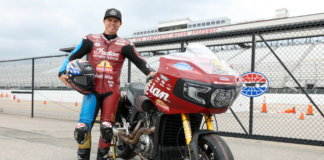Tyler O'Hara and his personal Indian Challenger RR racebike at New Hampshire Motor Speedway. Photo by Sam Draiss, courtesy Tyler O'Hara Racing.