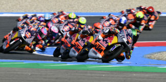 Ruche Moodley (11) leads early in Red Bull MotoGP Rookies Cup Race One. Photo courtesy Red Bull.