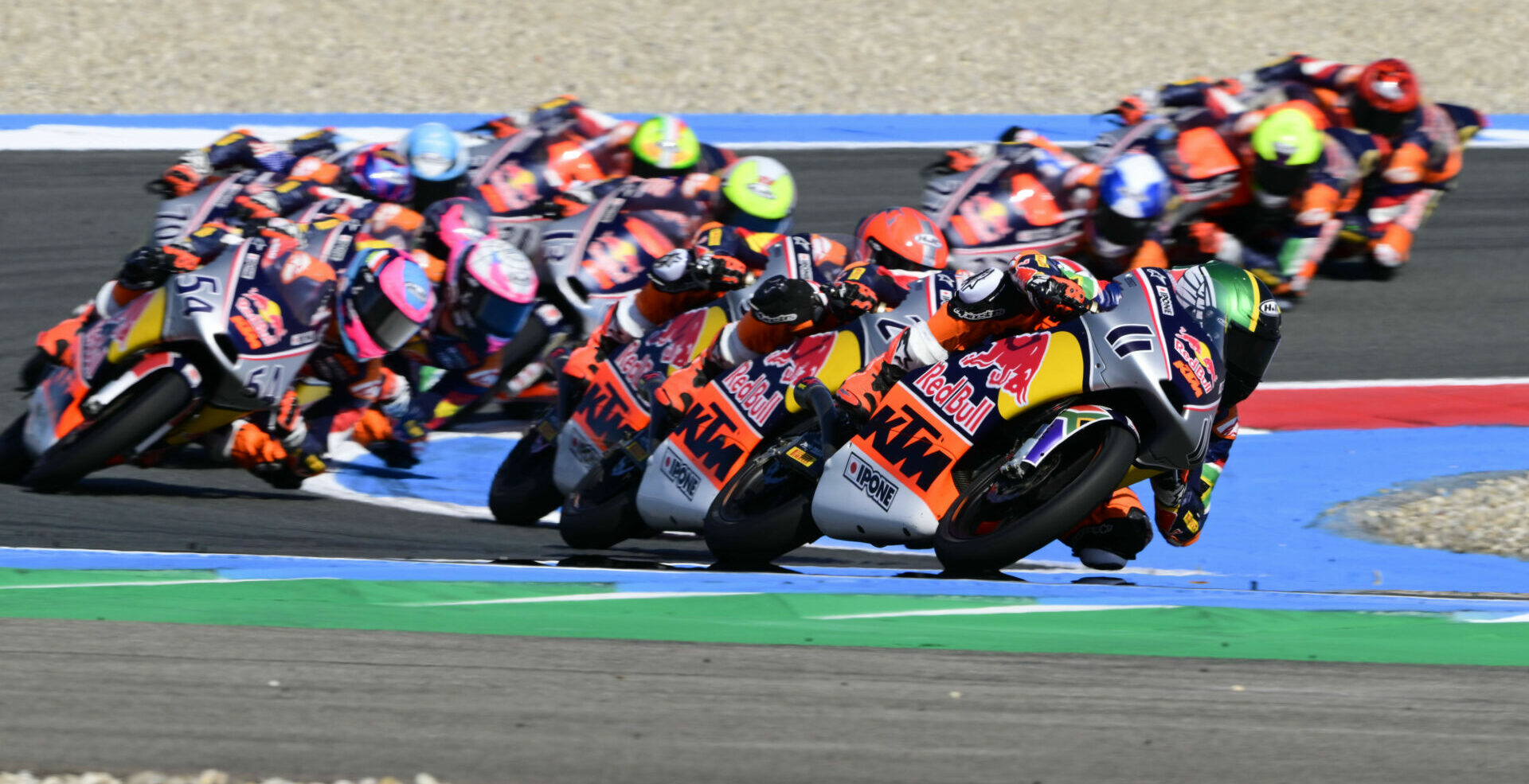 Ruche Moodley (11) leads early in Red Bull MotoGP Rookies Cup Race One. Photo courtesy Red Bull.