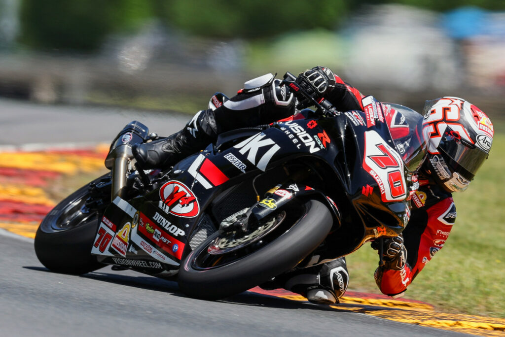 Tyler Scott (70) was fast all weekend long, with a Sunday victory in the dry, and barely missing a second podium in the wet race on Saturday. Photo by Brian J. Nelson, courtesy Suzuki Motor USA.