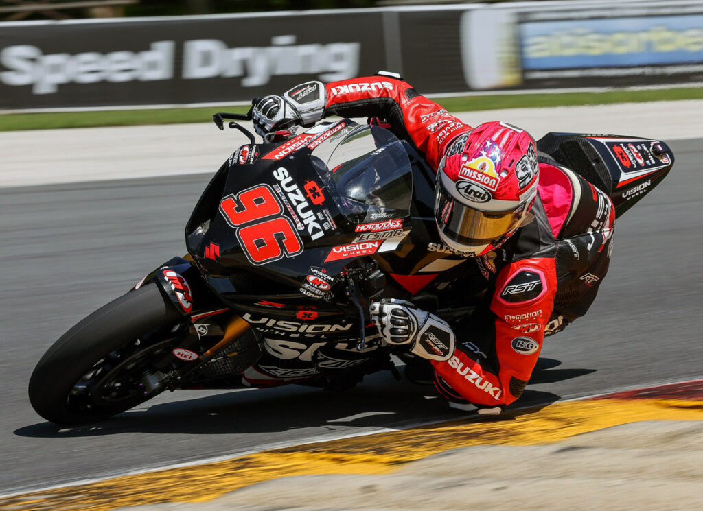 Brandon Paasch (96) continues to progress in Superbike, with his strongest 2024 results so far at Road America. Photo by Brian J. Nelson, courtesy Suzuki Motor USA.