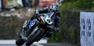 Michael Dunlop (6) at speed at the Isle of Man TT. Photo courtesy SBS Friction.