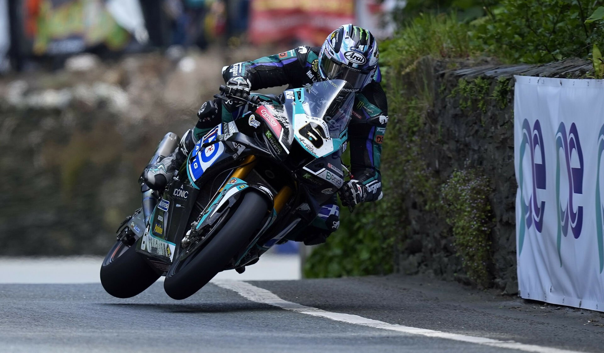Michael Dunlop (6) at speed at the Isle of Man TT. Photo courtesy SBS Friction.